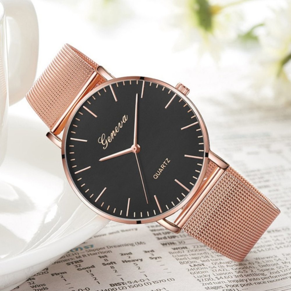 Geneva Quartz Rose Gold & Black Women's Watch
